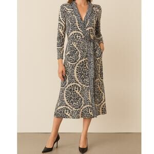 BCBGMaxazria Blue Paisley Floral Wrap Dress Midi Womens Med Navy Cream Feminine